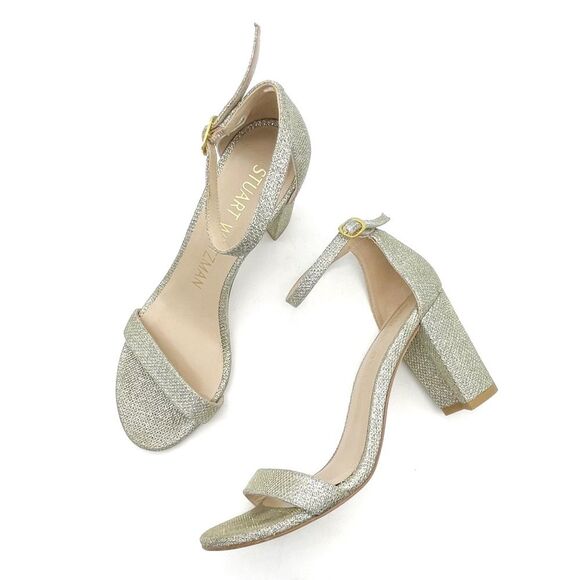Stuart Weitzman Nudistcurve 75 Glitter Block Heel Sandals Platino Size 7 Wedding - Picture 5 of 16